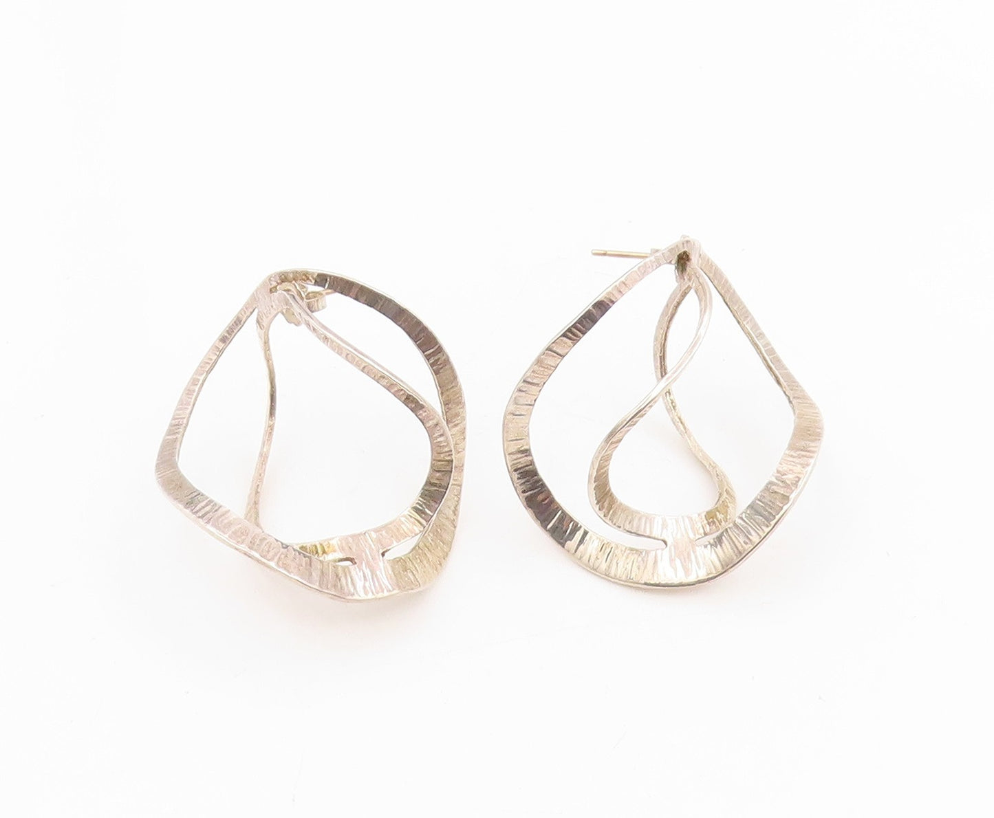 14k Gold & 925 Sterling Silver Vintage Earrings Double Wavy Open Hoops  EG13988