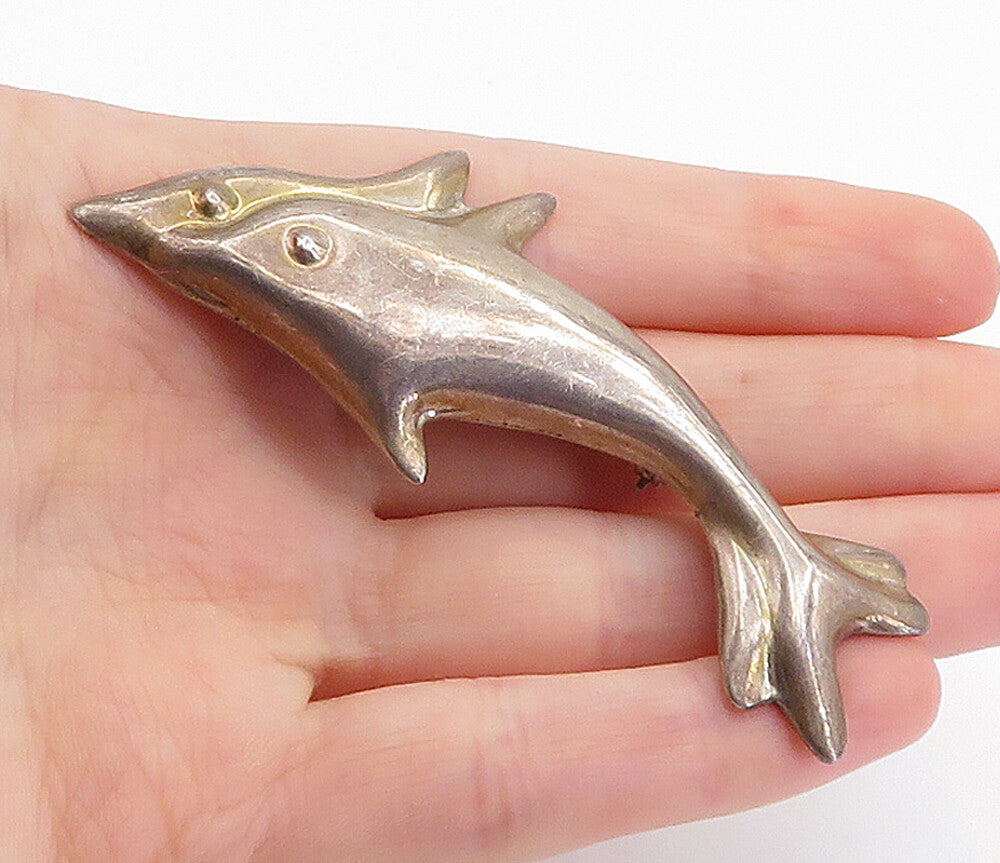 MEXICO 925 Sterling Silver  Vintage Double Dolphin Love Brooch Pin  BP2453