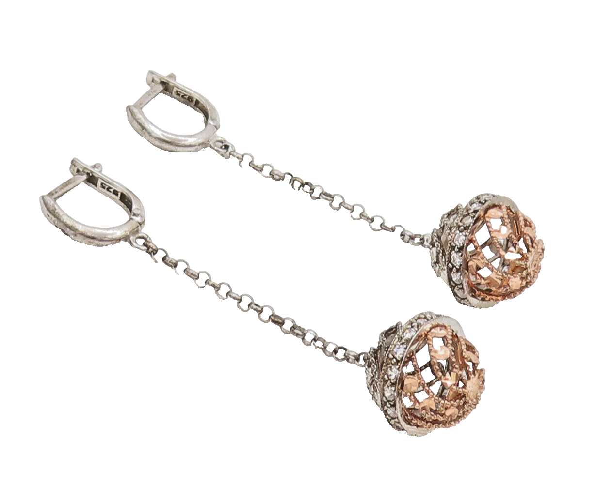 925 Sterling Silver  Vintage Swirly Cutout Topaz Sphere Earrings  EG12796