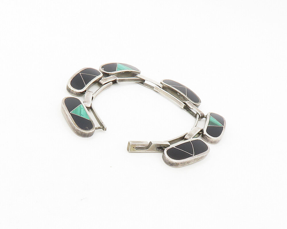MEXICO 925  Silver  Vintage Malachite & Black Onyx Chain Bracelet  BT6875
