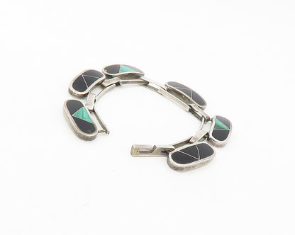 MEXICO 925  Silver  Vintage Malachite & Black Onyx Chain Bracelet  BT6875