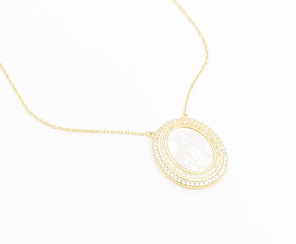925 Sterling Silver Vintage Necklace Gold Plated Mother Of Pearl Mary  NE4896