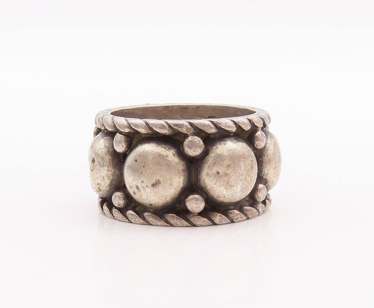 925 Sterling Silver Vintage Ring Large Beads Carved Roped Border  Sz 6  RG28643