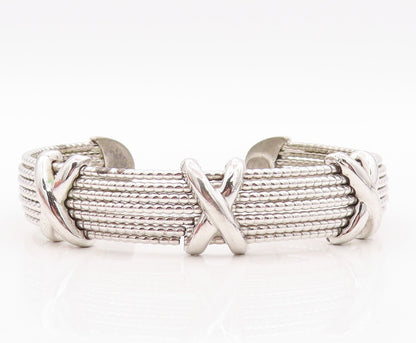 925 Sterling Silver Vintage Bracelet Beaded Bands carved X Cuff  BT10789