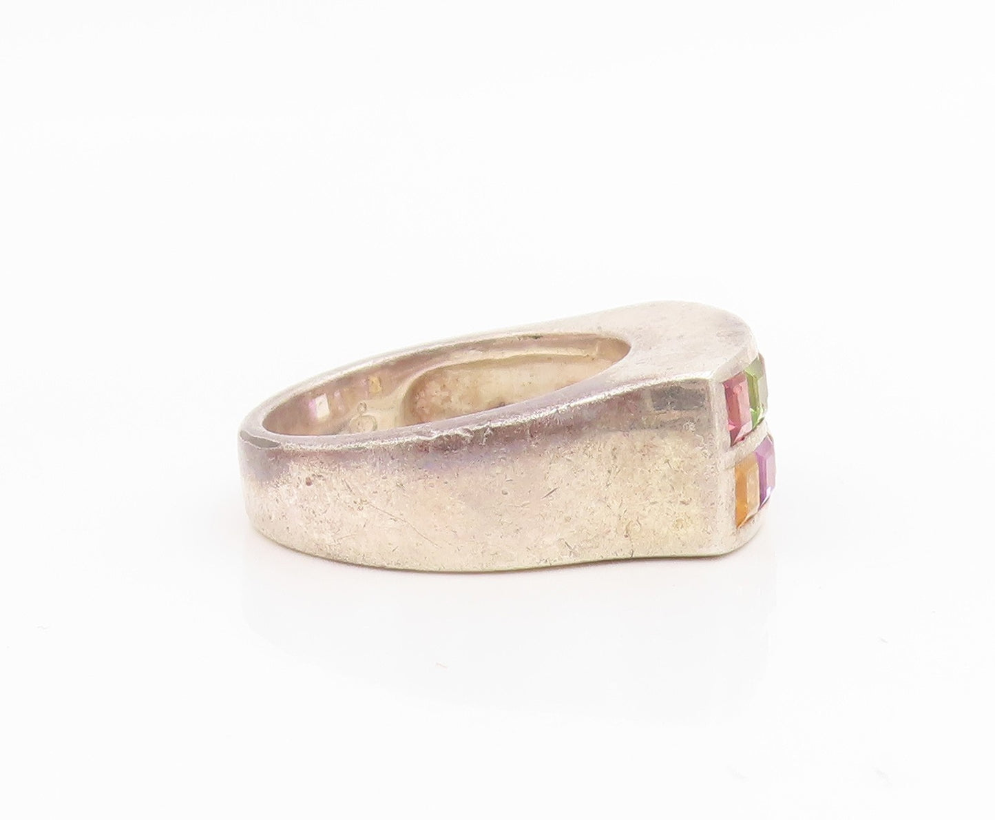 925 Sterling Silver Vintage Ring Multi Gemstone Geometric Band  Sz 7.5  RG34828