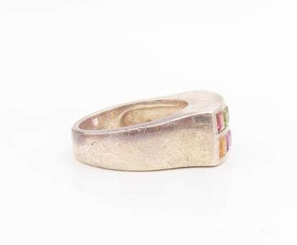 925 Sterling Silver Vintage Ring Multi Gemstone Geometric Band  Sz 7.5  RG34828