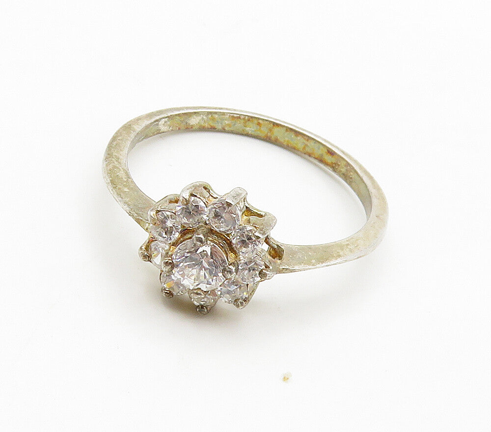 925 Sterling Silver  Vintage Cubic Zirconia Flower Band Ring Sz 8  RG16053