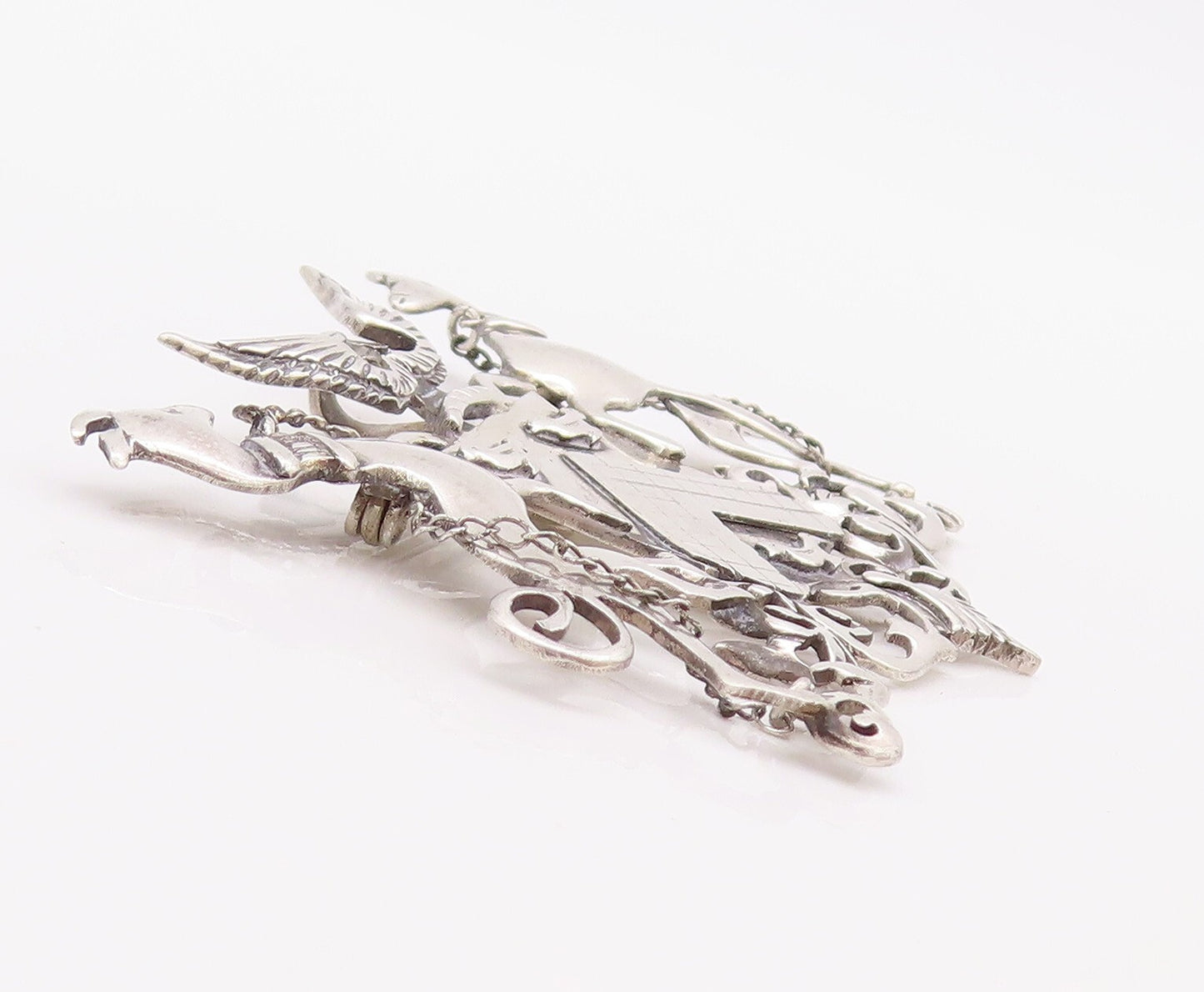 925 Sterling Silver Vintage Brooch Pin Coats Of Arms 2 Dogs Eagle Crest  BP11189