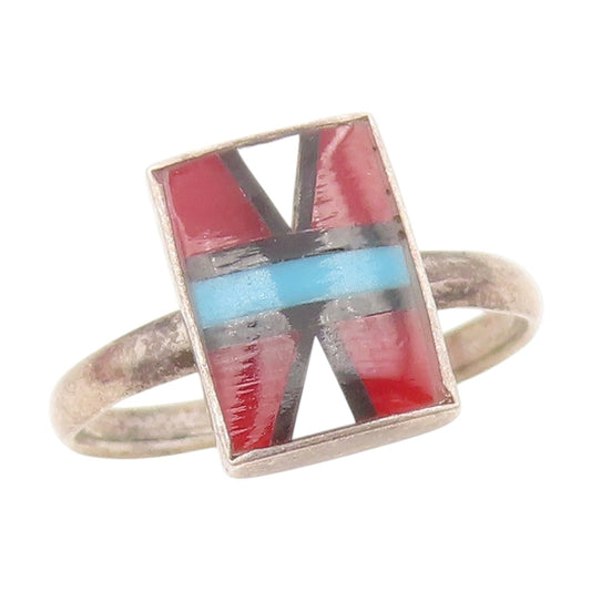925 Sterling Silver Vintage Ring Multi Gemstone Geometric Inlay  Sz 7  RG34429