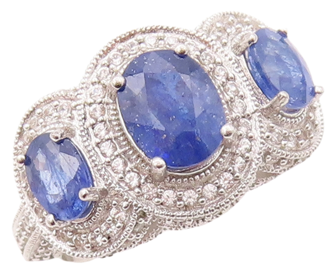 925 Sterling Silver Vintage Ring Oval Sapphire Halo CZ Inlay  Sz 7  RG30943