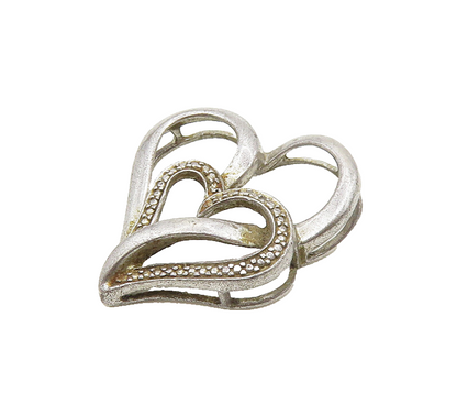 925 Sterling Silver  Vintage Genuine Diamond Open Love Hearts Pendant  PT14293