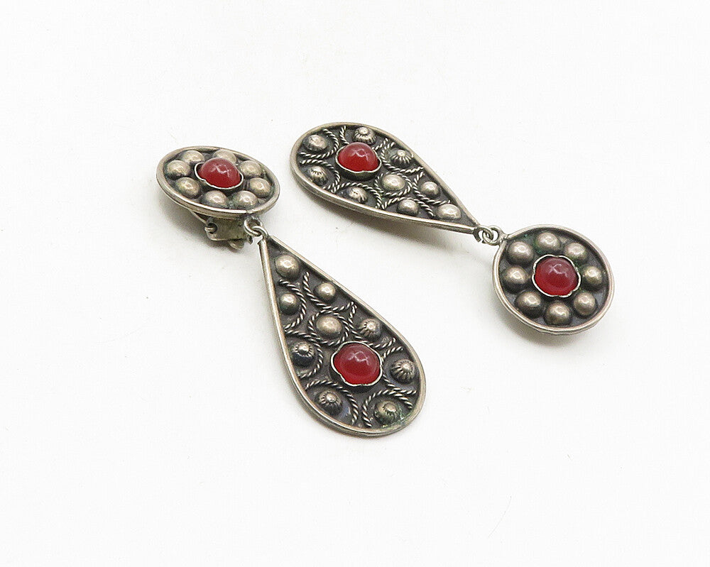 925 Sterling Silver  Vintage Cabochon Cut Carnelian Dangle Earrings  EG5045