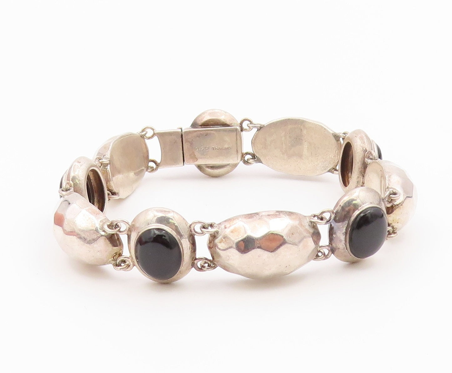 925 Sterling Silver Vintage Bracelet Black Onyx Hammered Puffy Dome Link BT12186