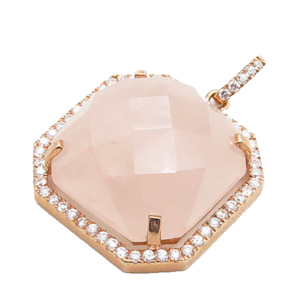 925 Silver  Rose Quartz & Cubic Zirconia Rose Gold Plated Pendant  PT15256