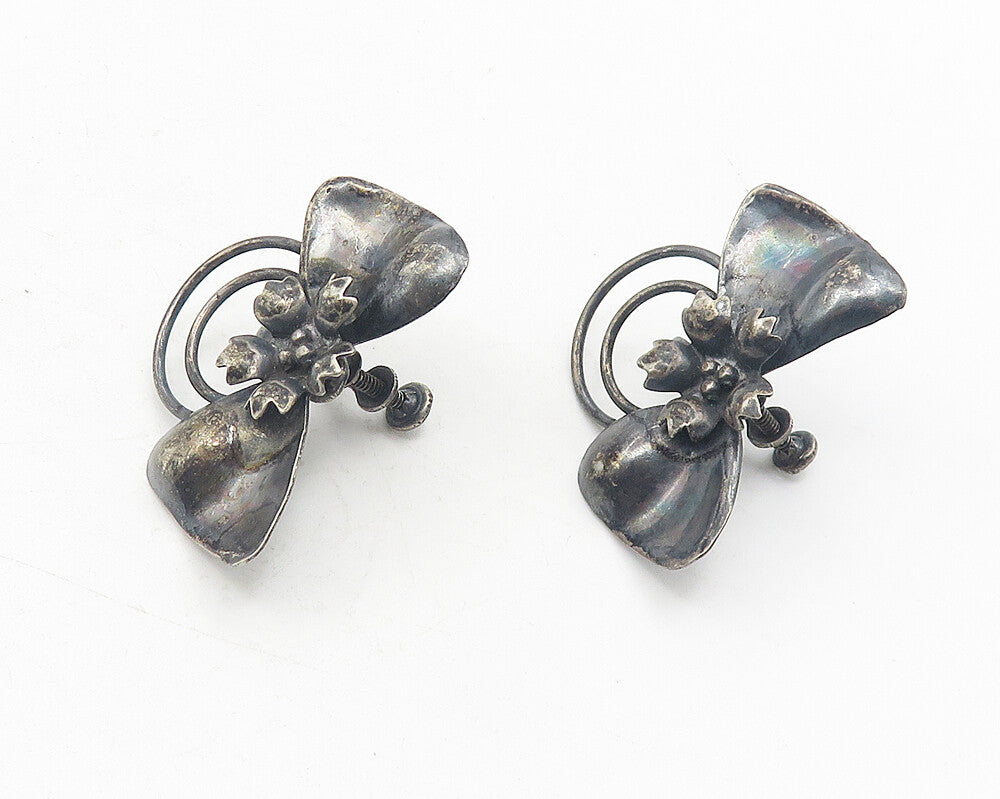 925 Sterling Silver  Vintage Antique Flower Bow Non Pierce Earrings  EG5965