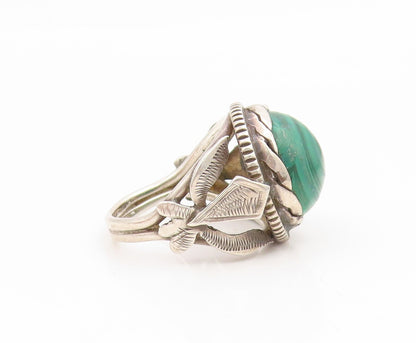 925 Sterling Silver Vintage Ring Cabochon Malachite Feather Motif  Sz 5  RG35172