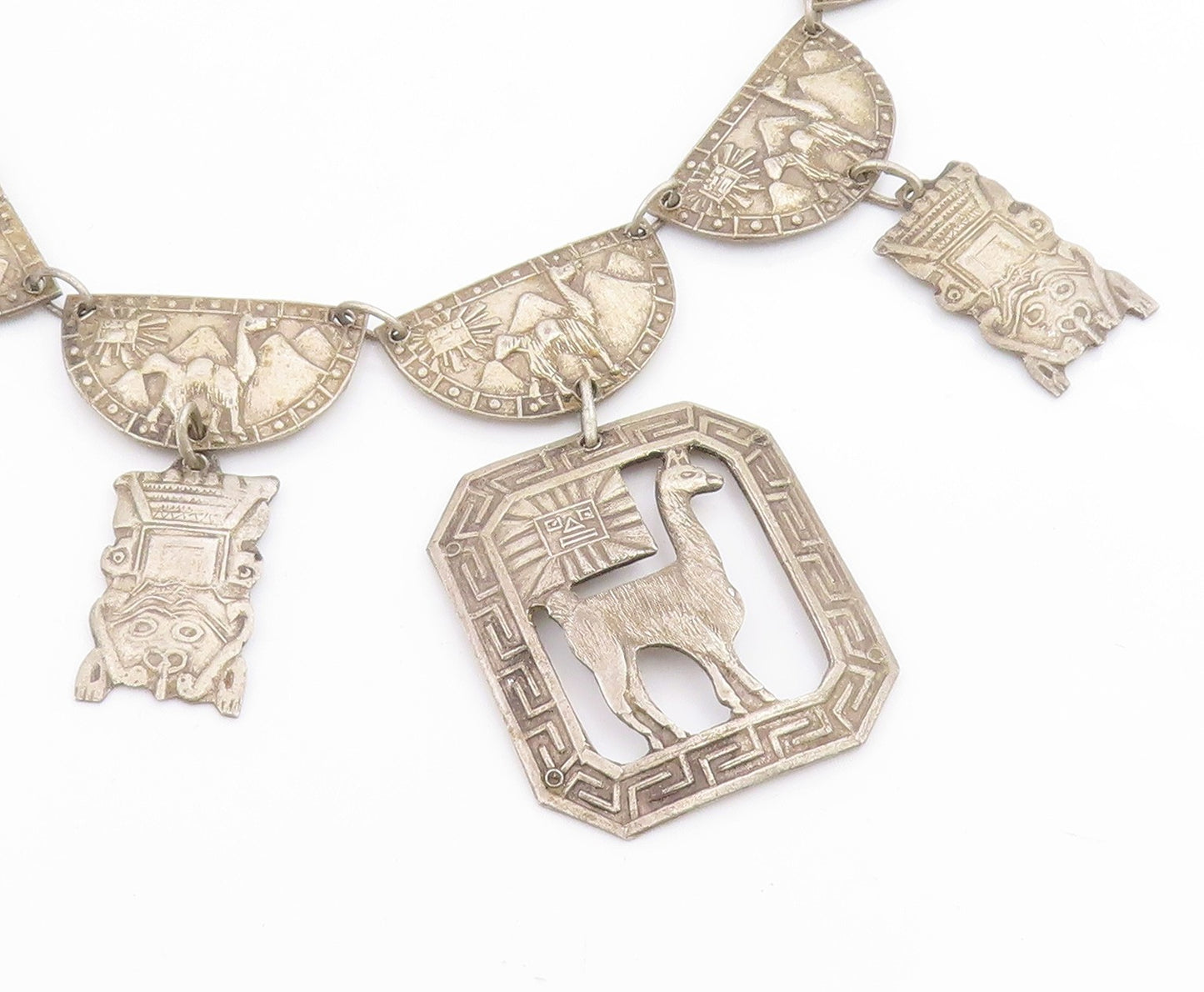 925 Sterling Silver Vintage Necklace PERU Llama & Sun Motif Panel Link  NE4873