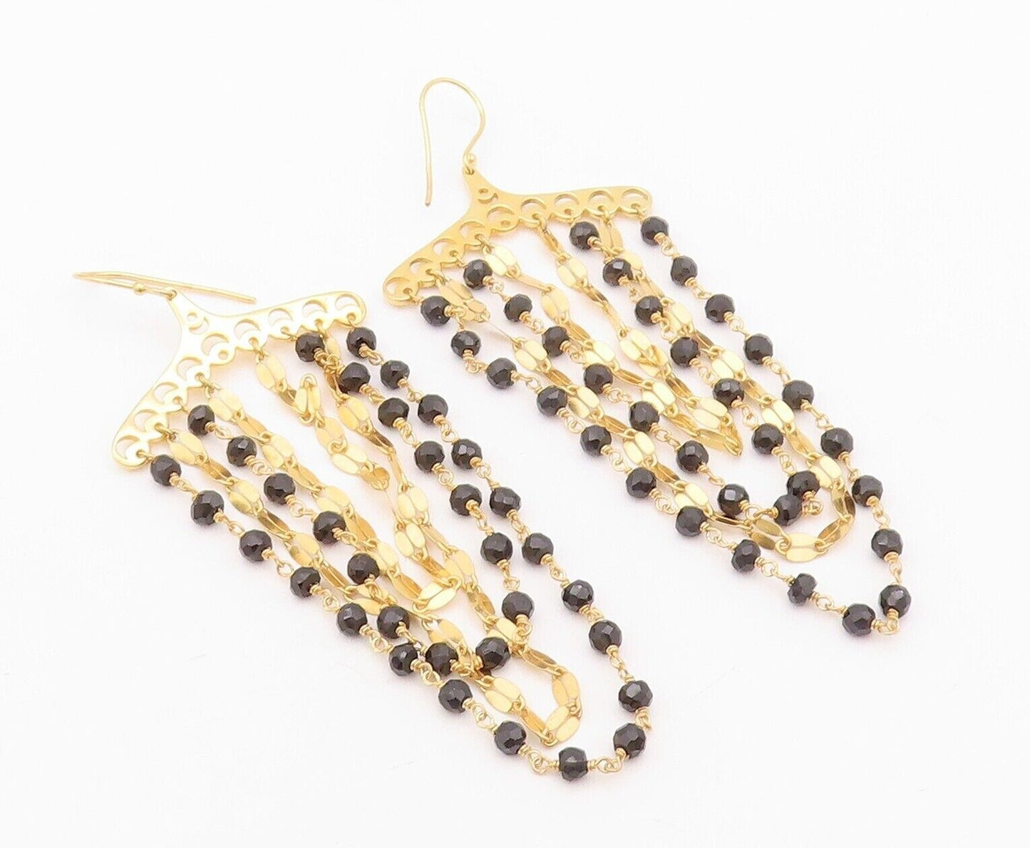 925 Sterling Silver Vintage Earrings Gold Plated Dangling Beaded Onyx  EG13161