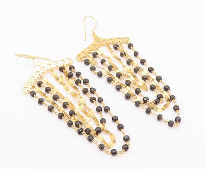 925 Sterling Silver Vintage Earrings Gold Plated Dangling Beaded Onyx  EG13161