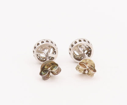 925 Sterling Silver Vintage Earrings Round Maine Stone Halo CZ Band Stud EG12899