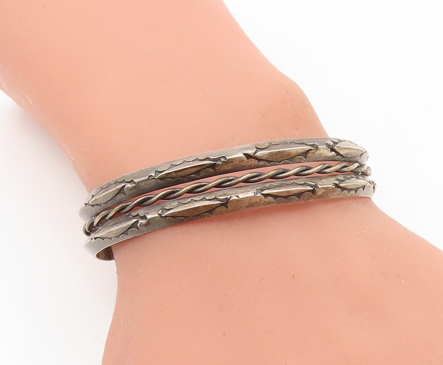 NAVAJO 925 Sterling Silver Vintage Dark Tone Rope Twist Cuff Bracelet BT2992