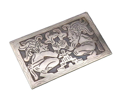 GUATEMALA 925 Silver  Vintage Carved Warriors Quetzal Brooch Pin  BP9881