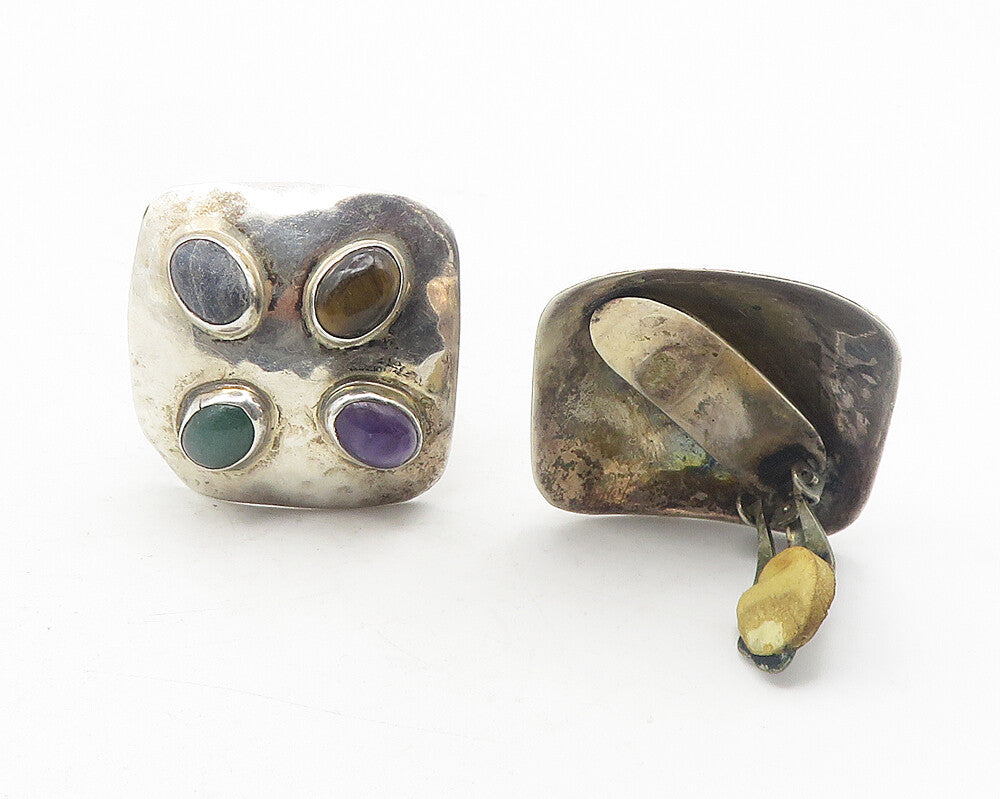 MEXICO 925 Silver  Vintage Tiger's Eye & Amethyst Non Pierce Earrings  EG6259