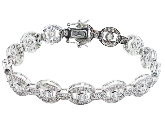 925 Sterling Silver  Sparkling Cubic Zirconia Round Chain Bracelet  BT3505