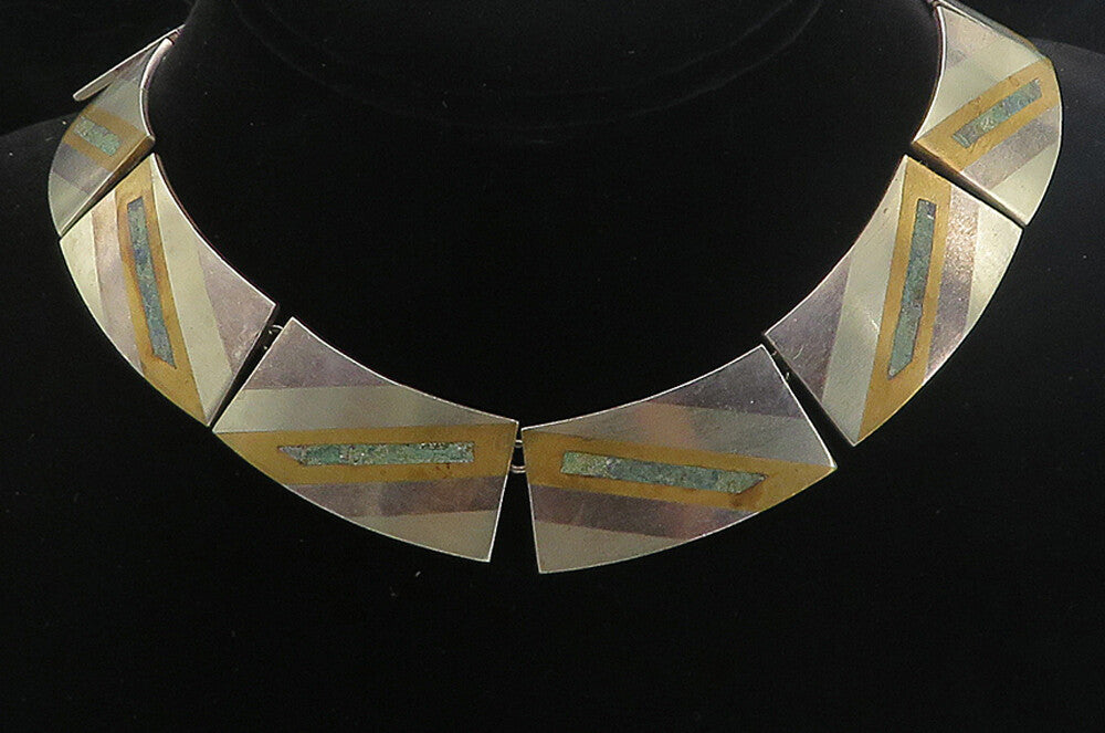 JLVL TAXCO MEXICO 925 Sterling Silver  Vintage Inlaid Stone Necklace  NE1319