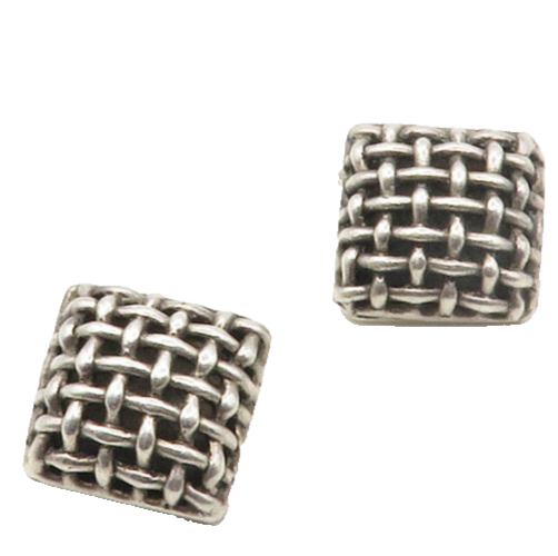 925 Sterling Silver  Vintage Brutalist Woven Square Non Pierce Earrings EG8761