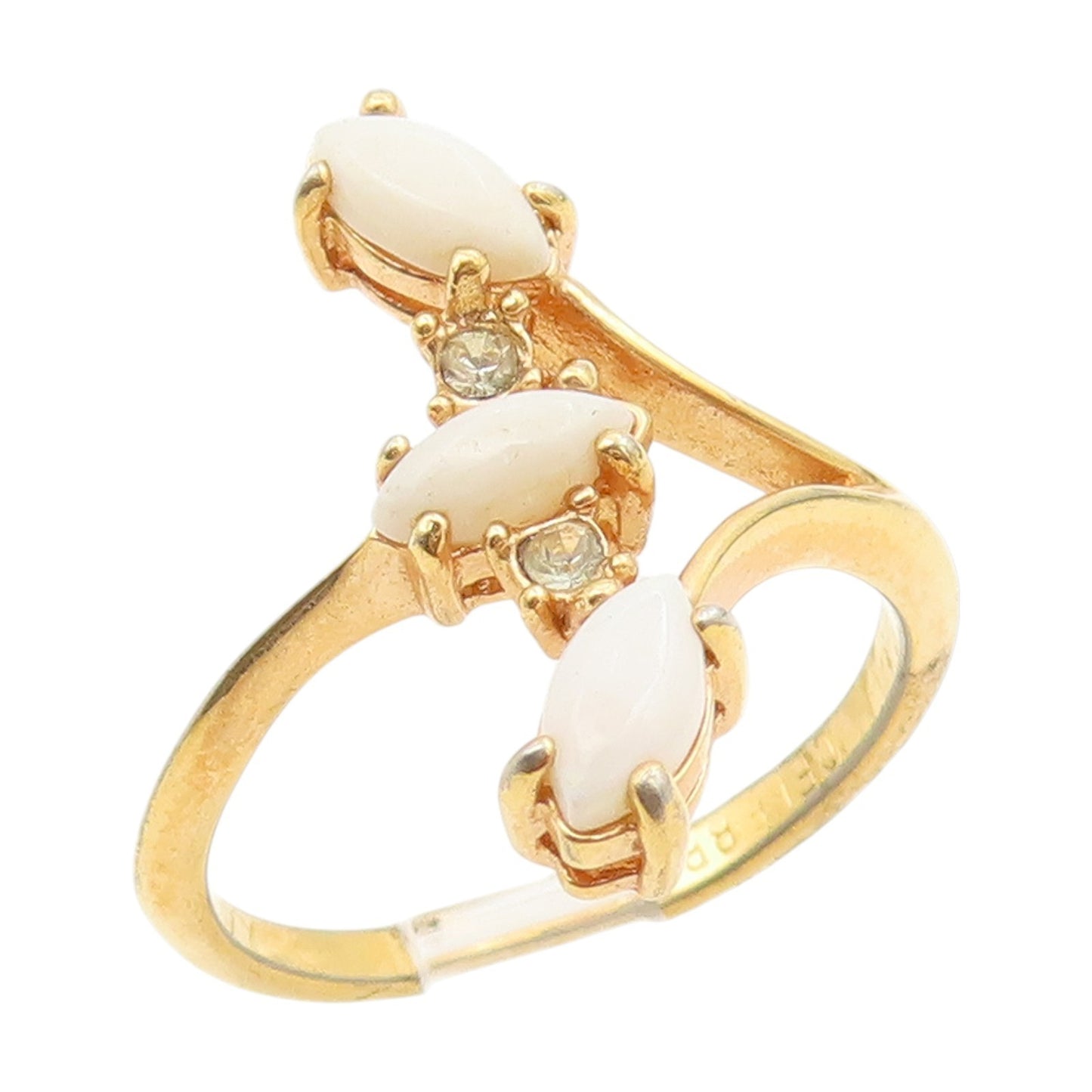 925 Sterling Silver Vintage Ring Gold Plated White Opal & CZ Band  Sz 7  RG34576