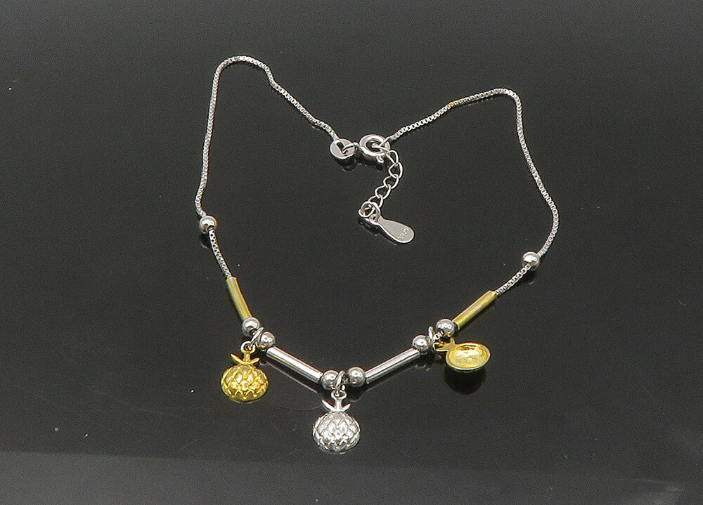 925 Sterling Silver  Vintage Shiny Two Tone Charmed Chain Bracelet  BT8750