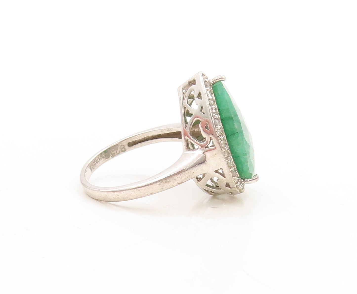 925 Sterling Silver Vintage Ring Diamonds Inlay Drop Cut Gemstone  Sz 6  RG31585