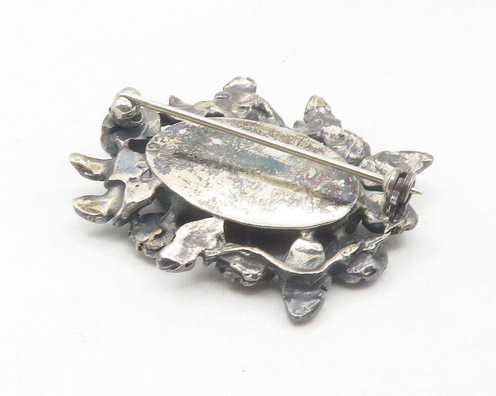 MEXICO 925 Silver  Vintage Flower Glass Art Floral Wreath Brooch Pin  BP4447