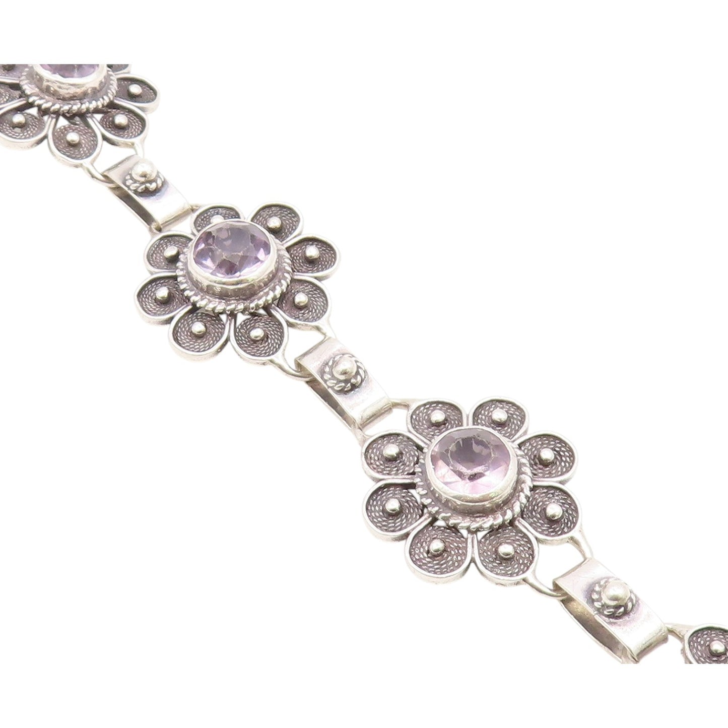 925 Sterling Silver  Vintage Amethyst Flower Motif Chain Bracelet  BT9080