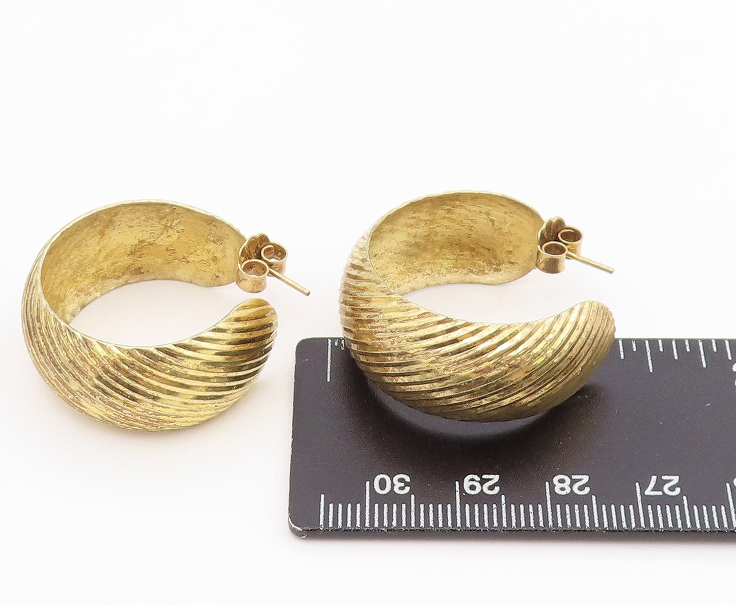 925 Sterling Silver Vintage Earrings Gold Plated Ribbed Statement Hoops  EG13922