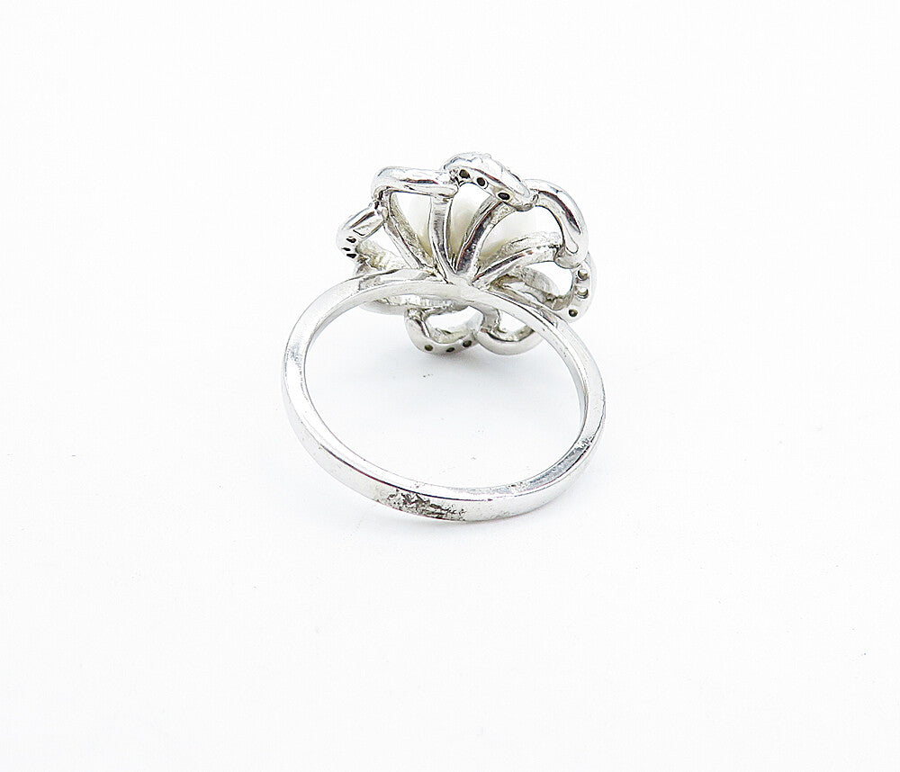 925 Sterling Silver  Vintage Pearl & Topaz Floral Cocktail Ring Sz 7  RG5187