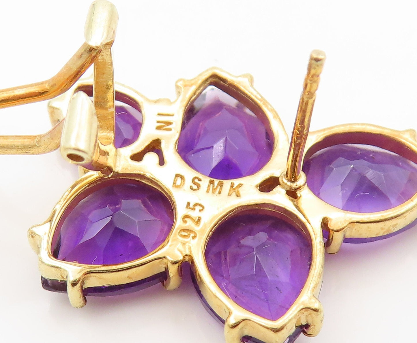 925 Sterling Silver Vintage Earrings Gold Plated Drop Cut Amethyst  EG13384