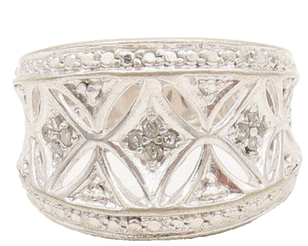 925 Sterling Silver  Vintage Floral Cutout Inlay Diamonds Ring Sz 6  RG27408