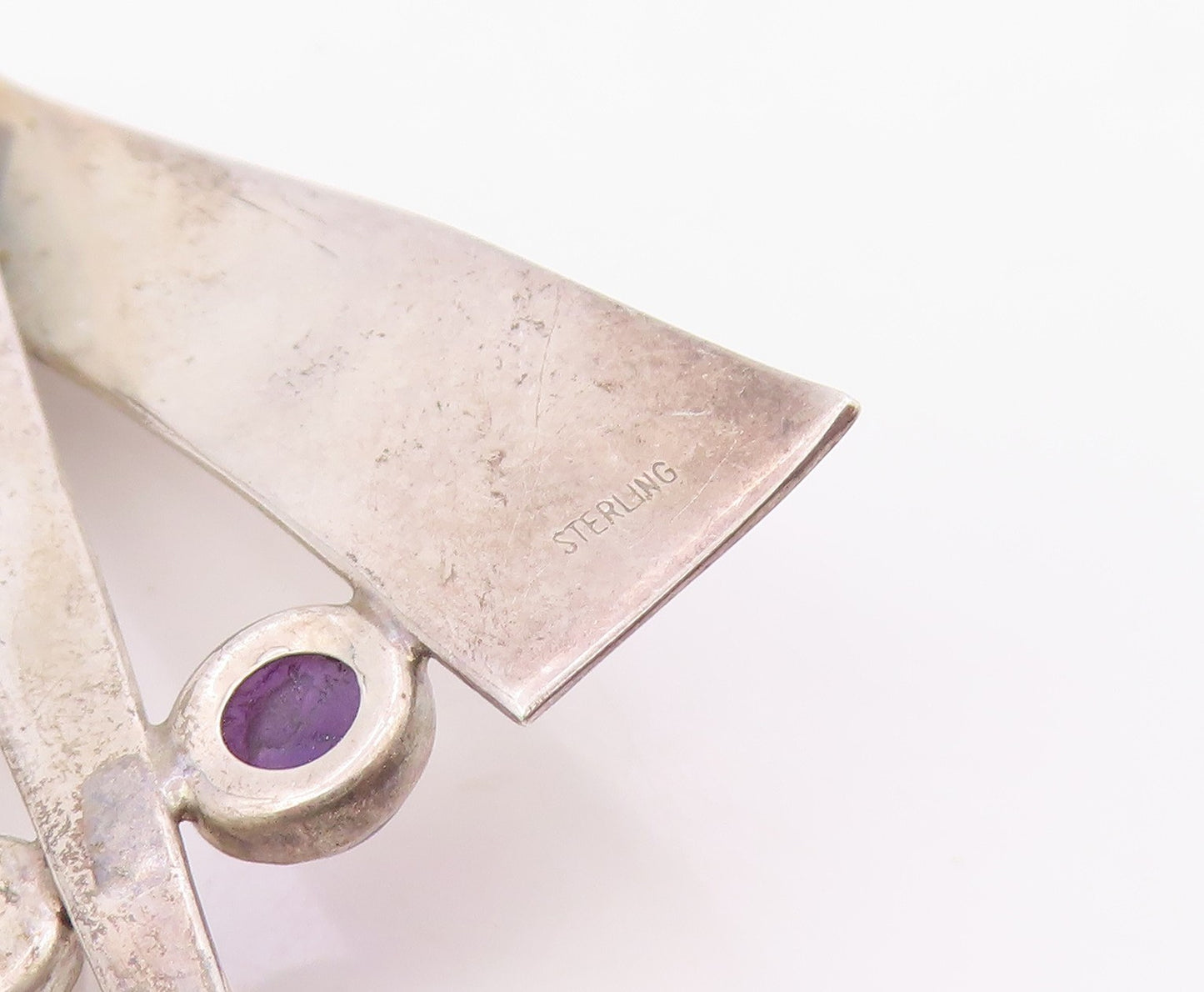 925 Sterling Silver Vintage Brooch Amethyst & Rose Quartz Modernist Pin  BP12575