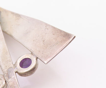 925 Sterling Silver Vintage Brooch Amethyst & Rose Quartz Modernist Pin  BP12575