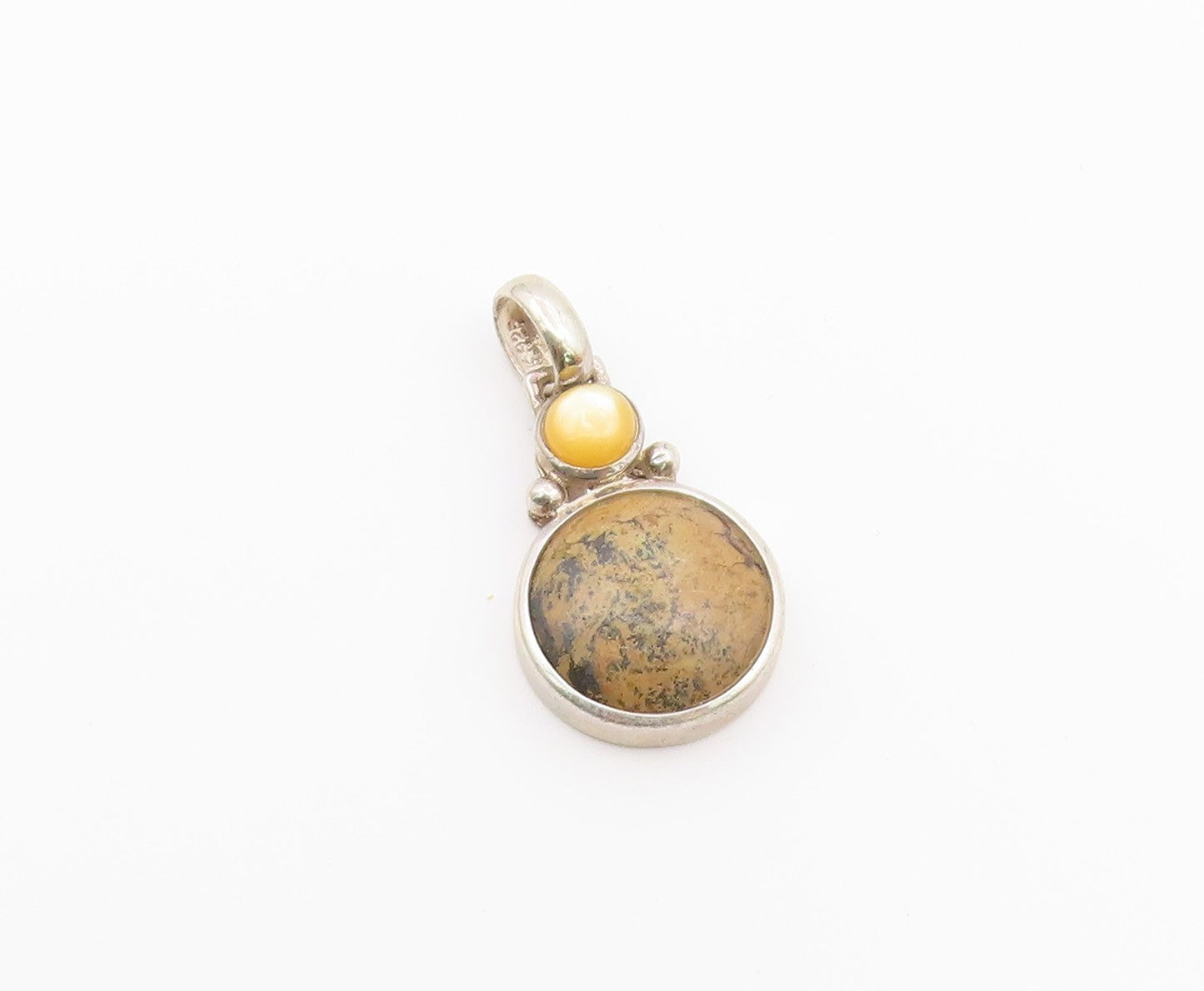 925 Sterling Silver  Vintage Cabochon Jasper & Mother Of Pearl Pendant PT16763