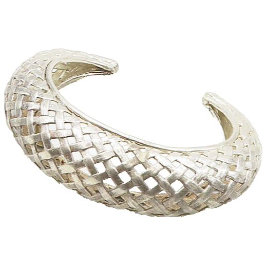925 Sterling Silver  Vintage Shiny Basket Weaved Dome Cuff Bracelet  BT7466