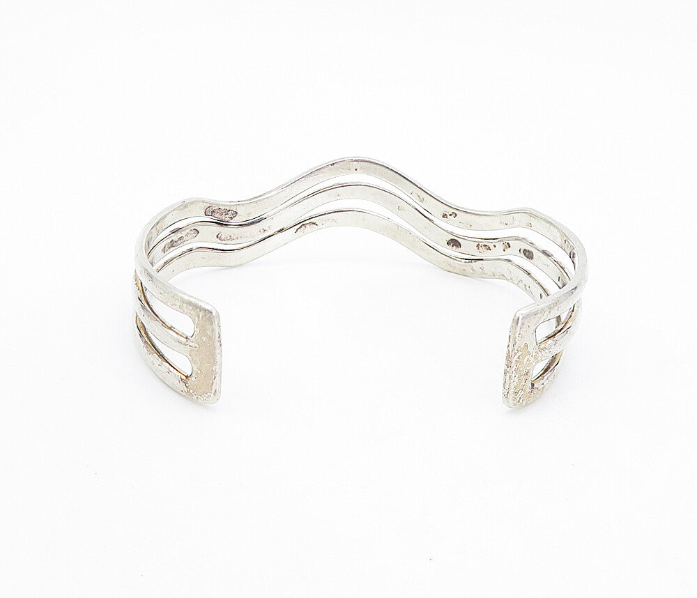 MEXICO 925 Sterling Silver  Vintage Shiny Wavy Split Cuff Bracelet  BT3551