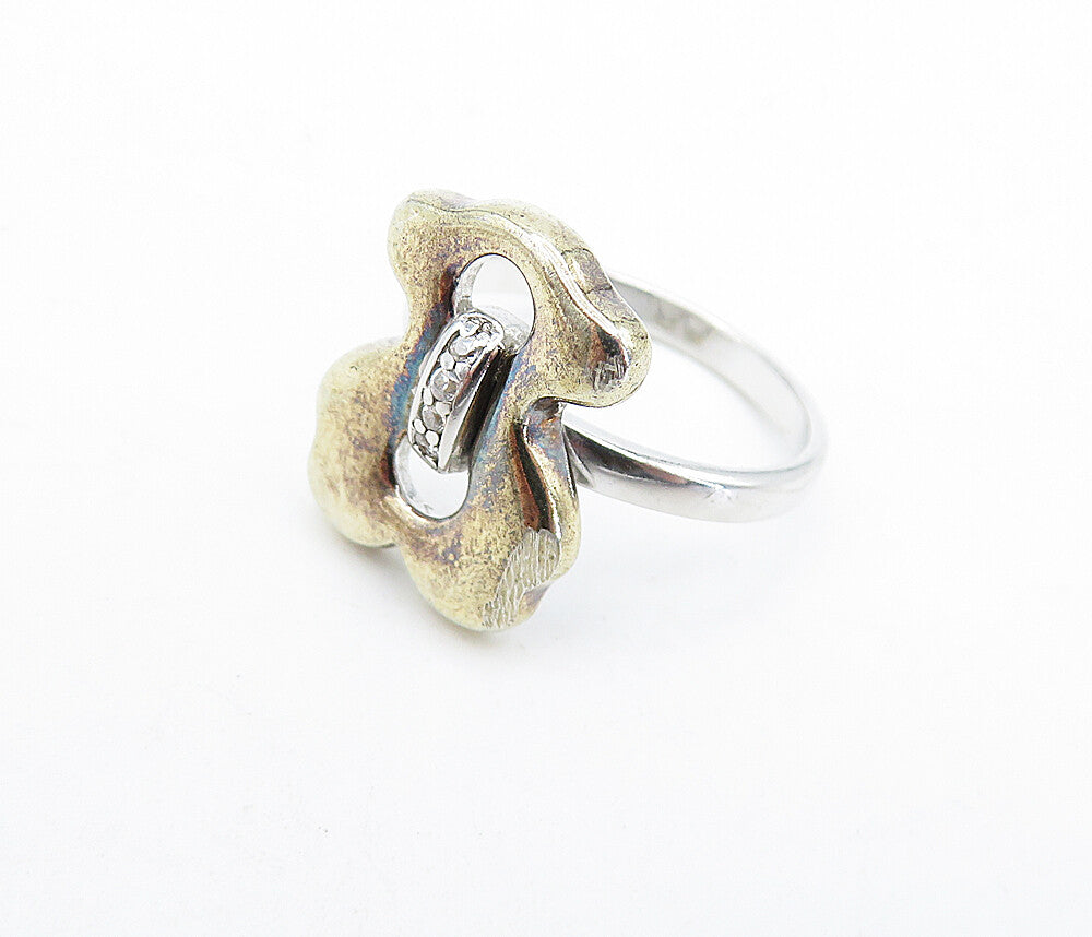925 Sterling Silver  Topaz Two Tone Shiny Open Design Band Ring Sz 6  RG5283