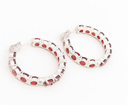 925 Sterling Silver Vintage Earrings Round Red Garnet Modernist Hoops  EG13742