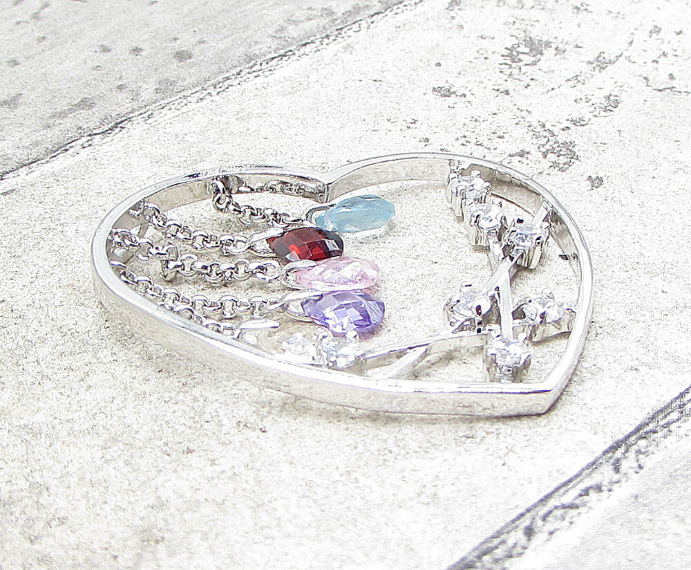 925 Silver Multi Colored Faceted Gemstones Love Heart Slider Pendant PT1413