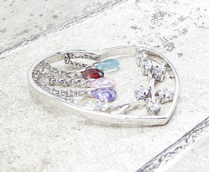925 Silver Multi Colored Faceted Gemstones Love Heart Slider Pendant PT1413