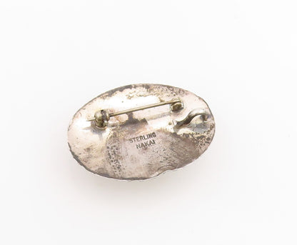925 Sterling Silver Vintage Brooch NAKAI NAVAJO Oval Mother Of Pearl Pin BP11972