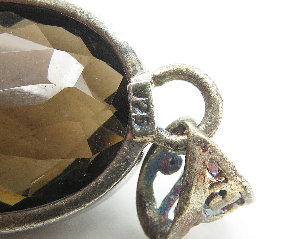 925 Sterling Silver  Vintage Large Real Faceted Smoky Topaz Pendant  PT14557